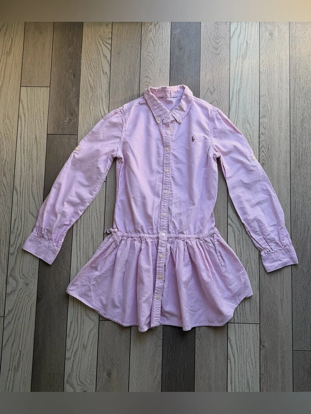 Ralph Lauren Kids Pink and White Striped Peplum Button-Down Dress 12-14